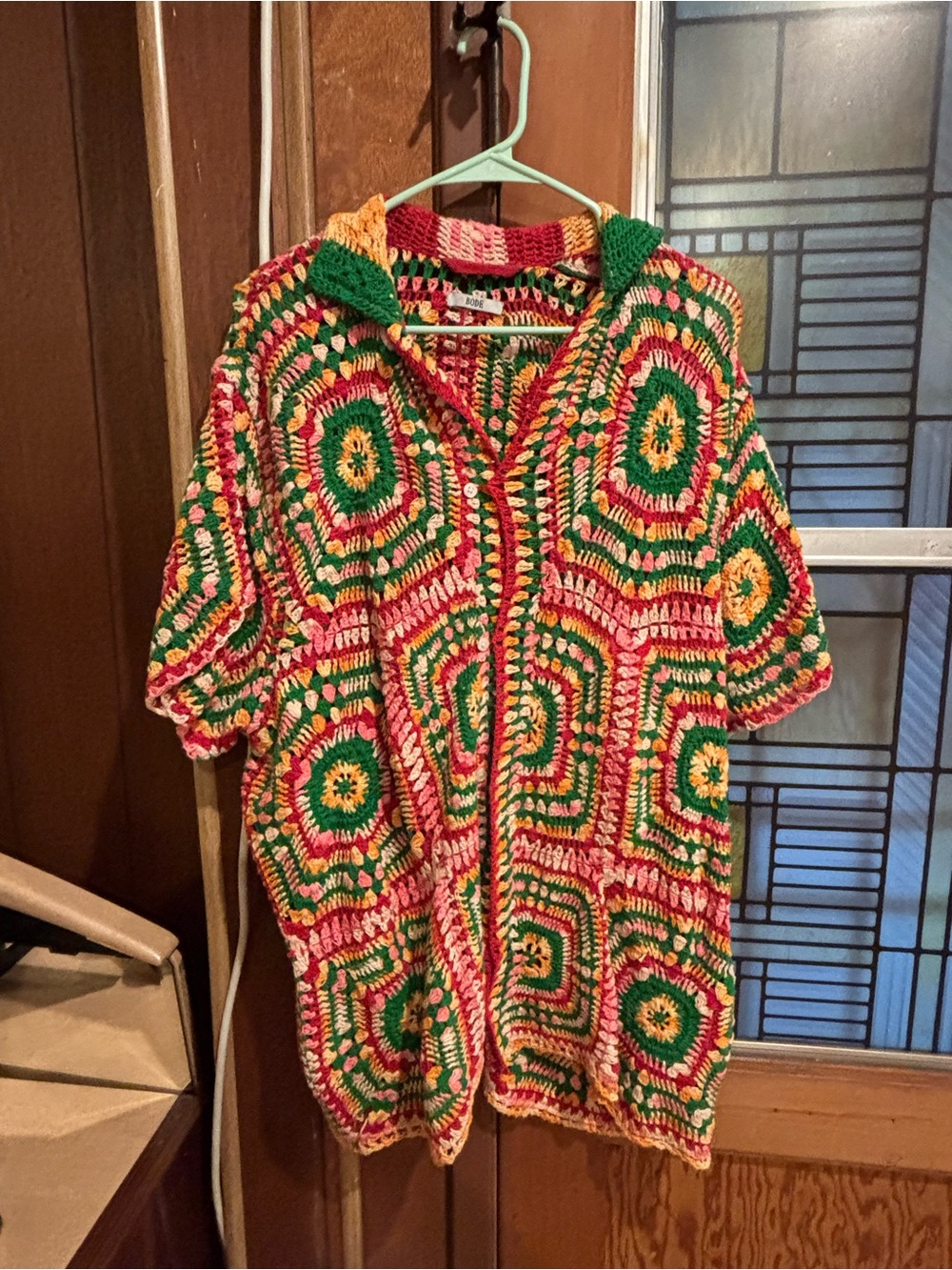 Men's Crocheted Short-Sleeve Button Down Shirt - Green/Red/Yellow